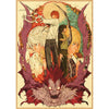Anime illustration featuring characters and a monstrous face within an ornate frame.