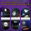 Six patterns for a Halloween atmosphere including skulls, bats, and spiders projected onto a room.