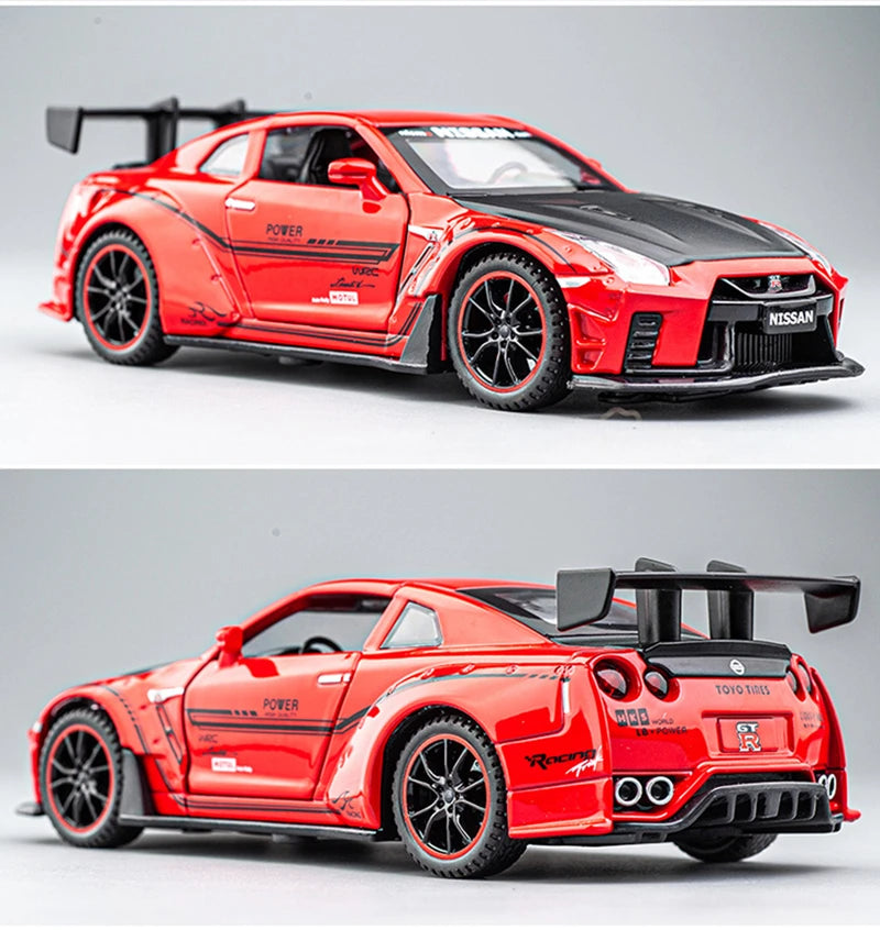 A red Nissan GT-R sports car diecast model with black accents and racing decals displayed on a white surface.