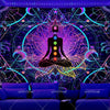 UV reactive chakra lotus tapestry wall hanging featuring a glowing figure within an ornate circular design