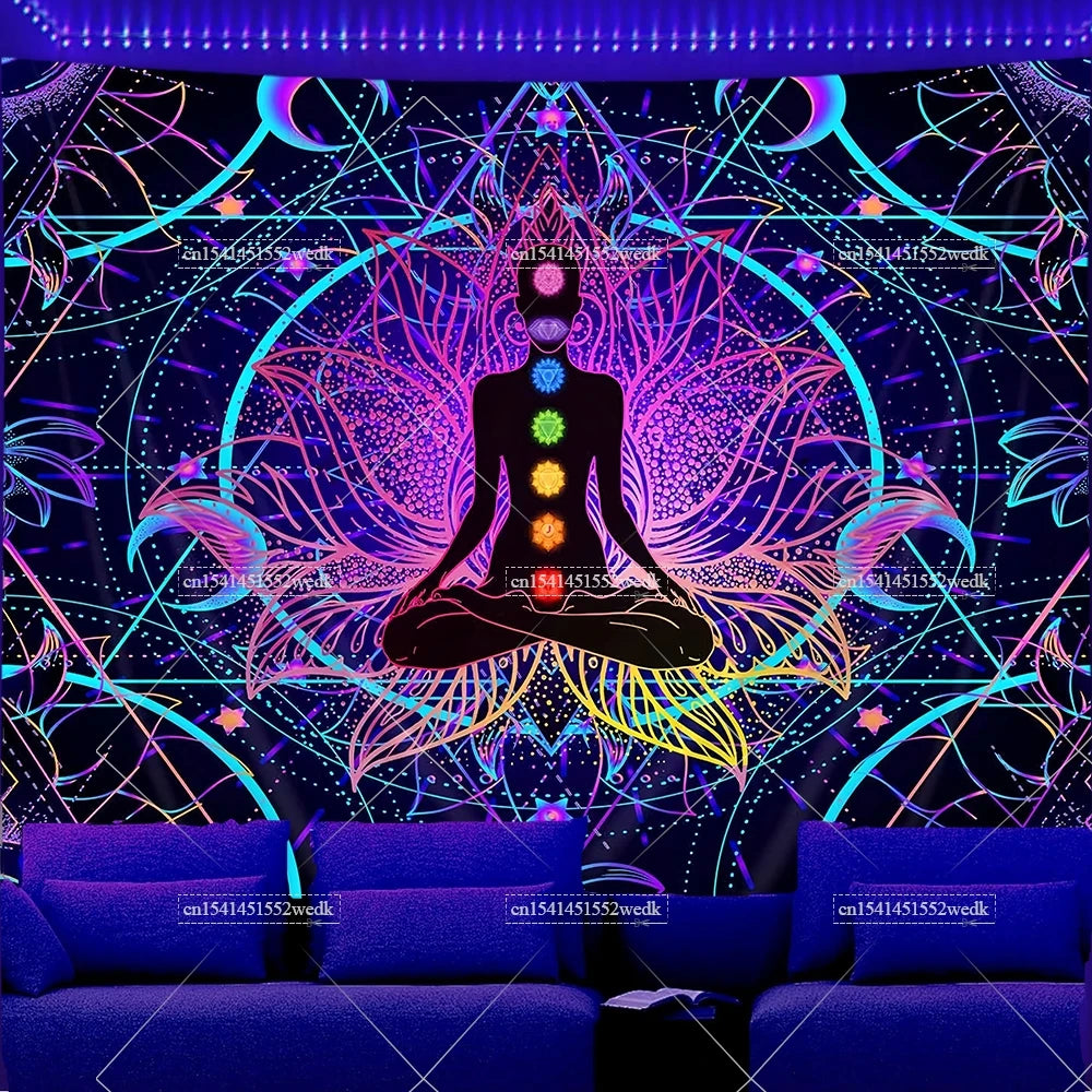 UV reactive chakra lotus tapestry wall hanging featuring a glowing figure within an ornate circular design