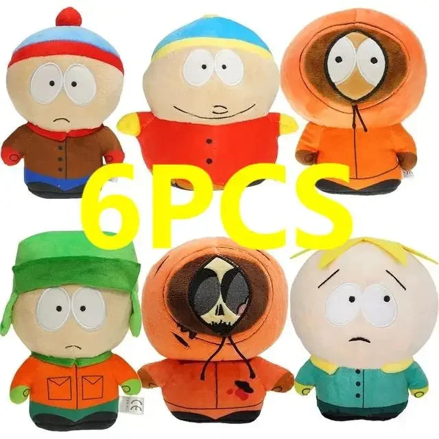 Six plush dolls representing South Park characters Stan, Kyle, Kenny, and Cartman.
