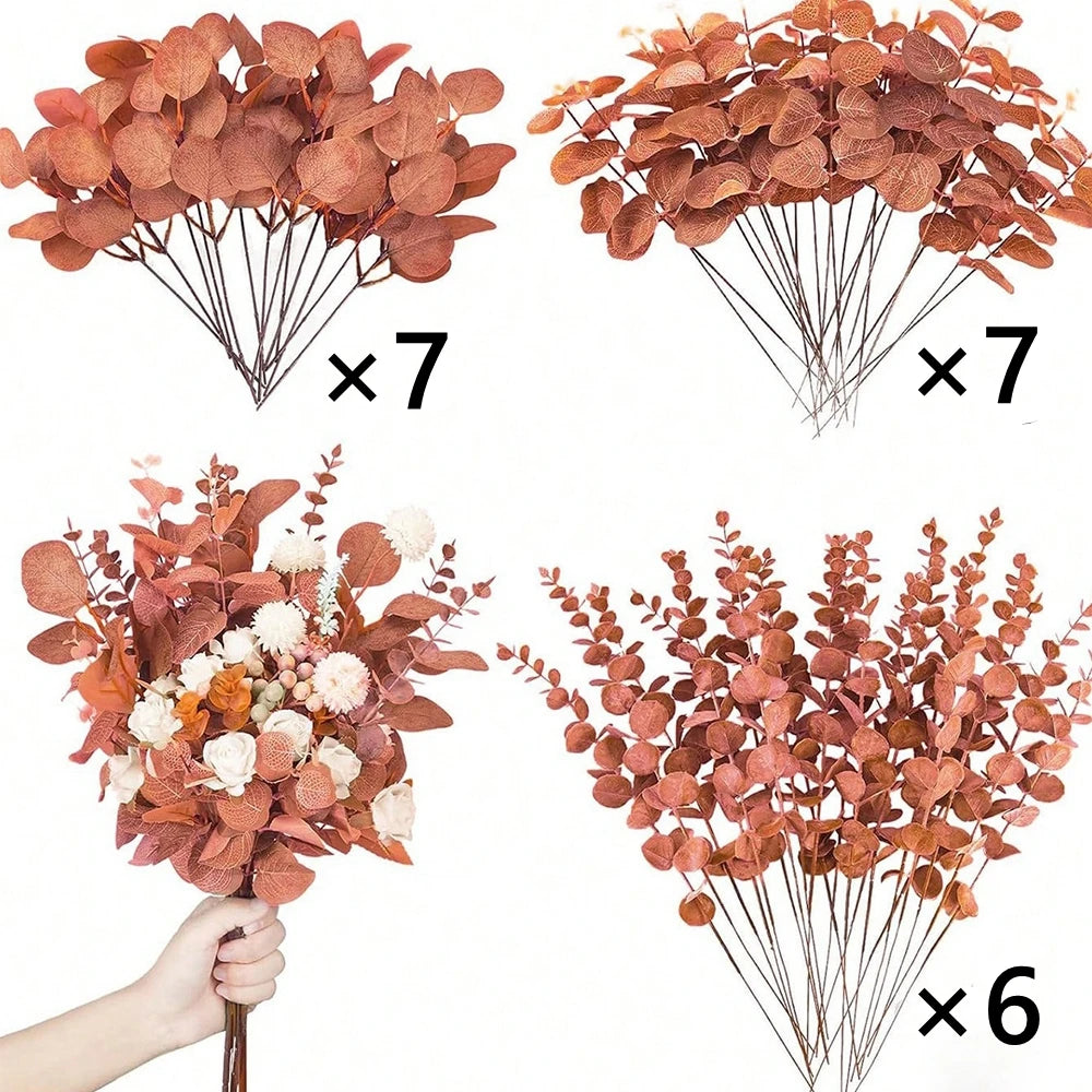 Dried eucalyptus leaf stems in shades of terracotta and rust arranged in bundles for decor