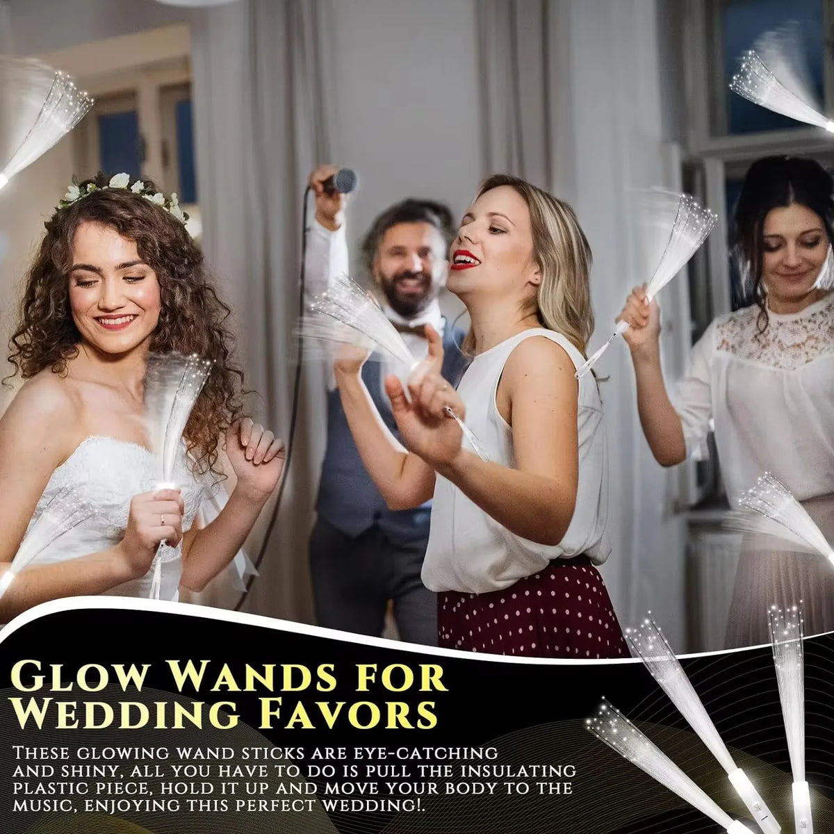A woman is using a glowing wand for wedding favors in a softly lit indoor setting.