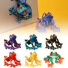 A collection of colorful movable 3D printed tree frog ornaments in various shades and poses.