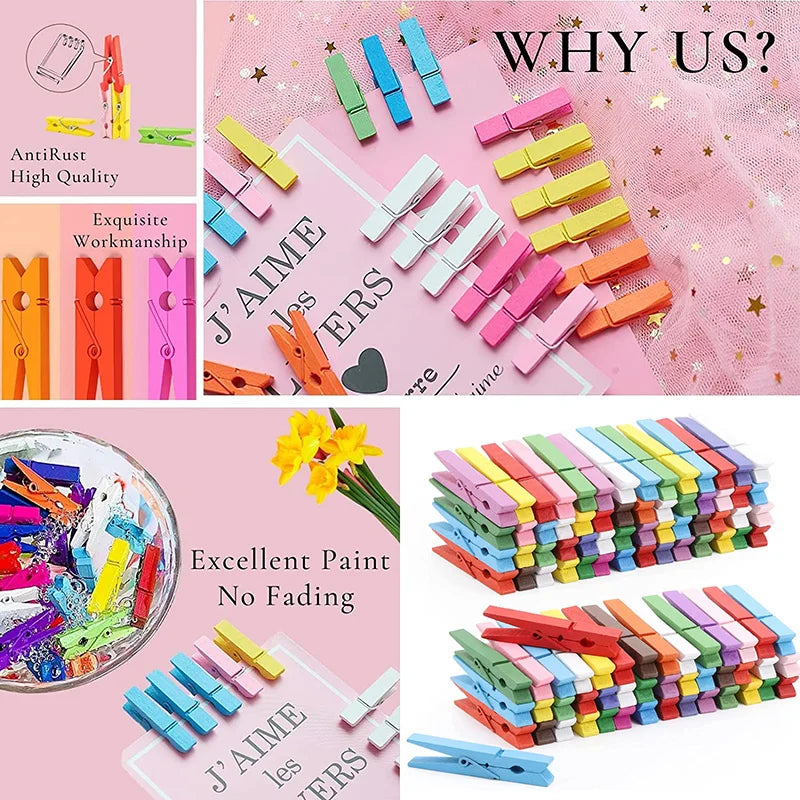 Colorful Natural Wooden Clips for Crafts, Photos, and DIY Projects