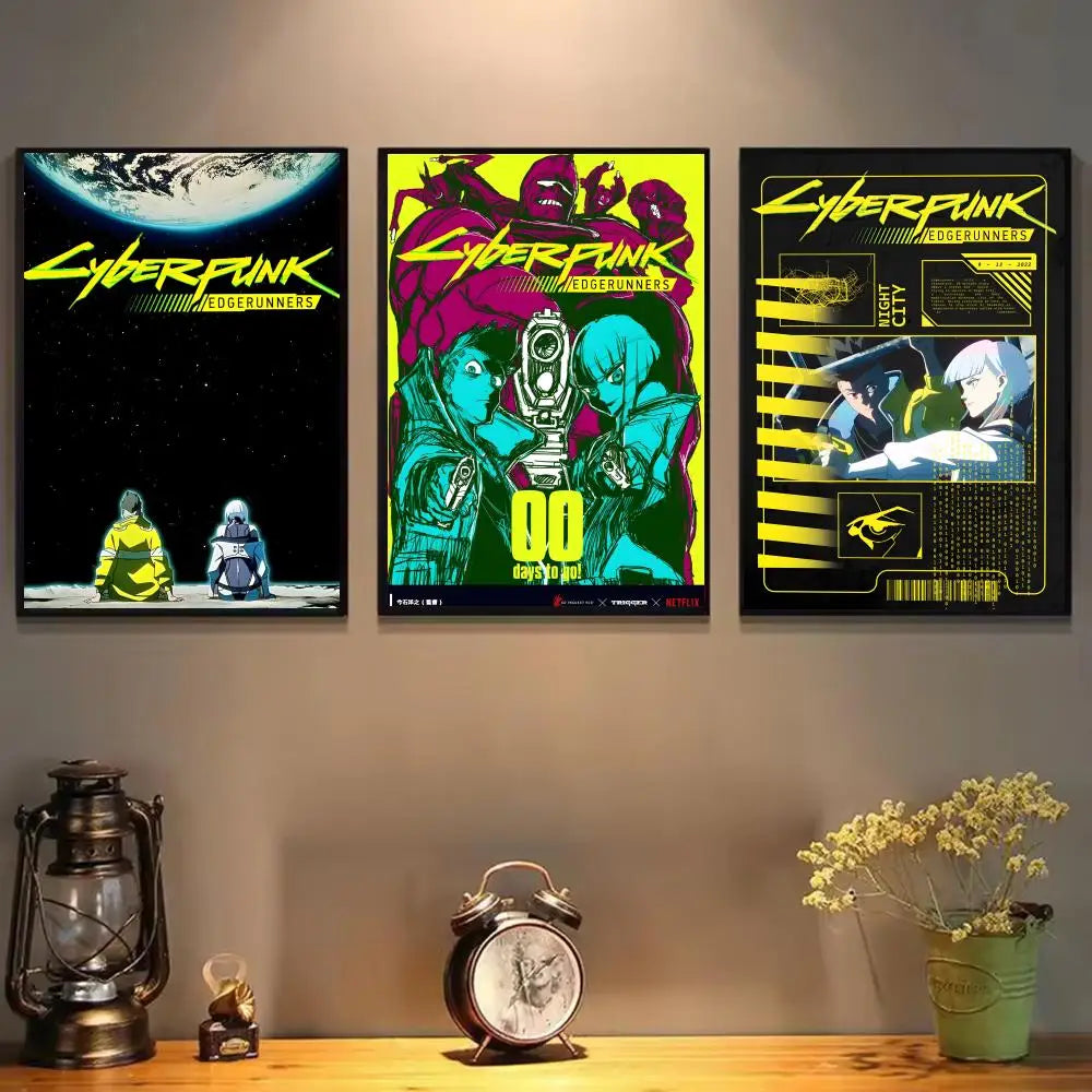 A set of three posters featuring the Cyberpunk Edgerunners theme, displayed on a wall above a wooden surface.