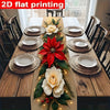 A festive poinsettia table runner with floral and pine needle designs is displayed on a wooden table.