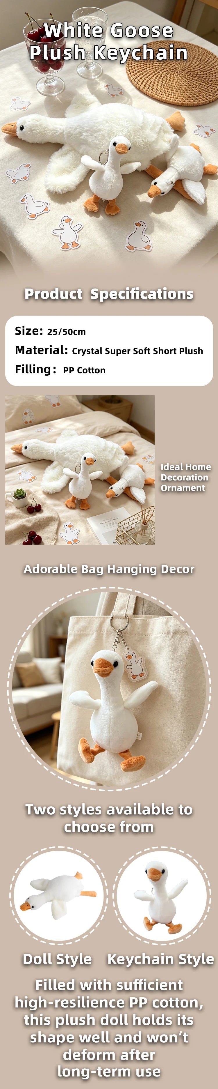 White goose plush keychain pendant with orange feet shown next to a beige fabric bag.