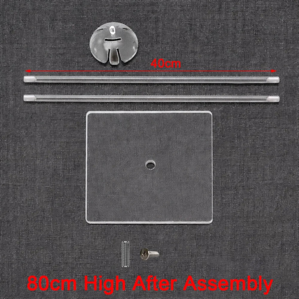 Acrylic balloon stand components including a base, rods, and mounting hardware for an 80cm high display.