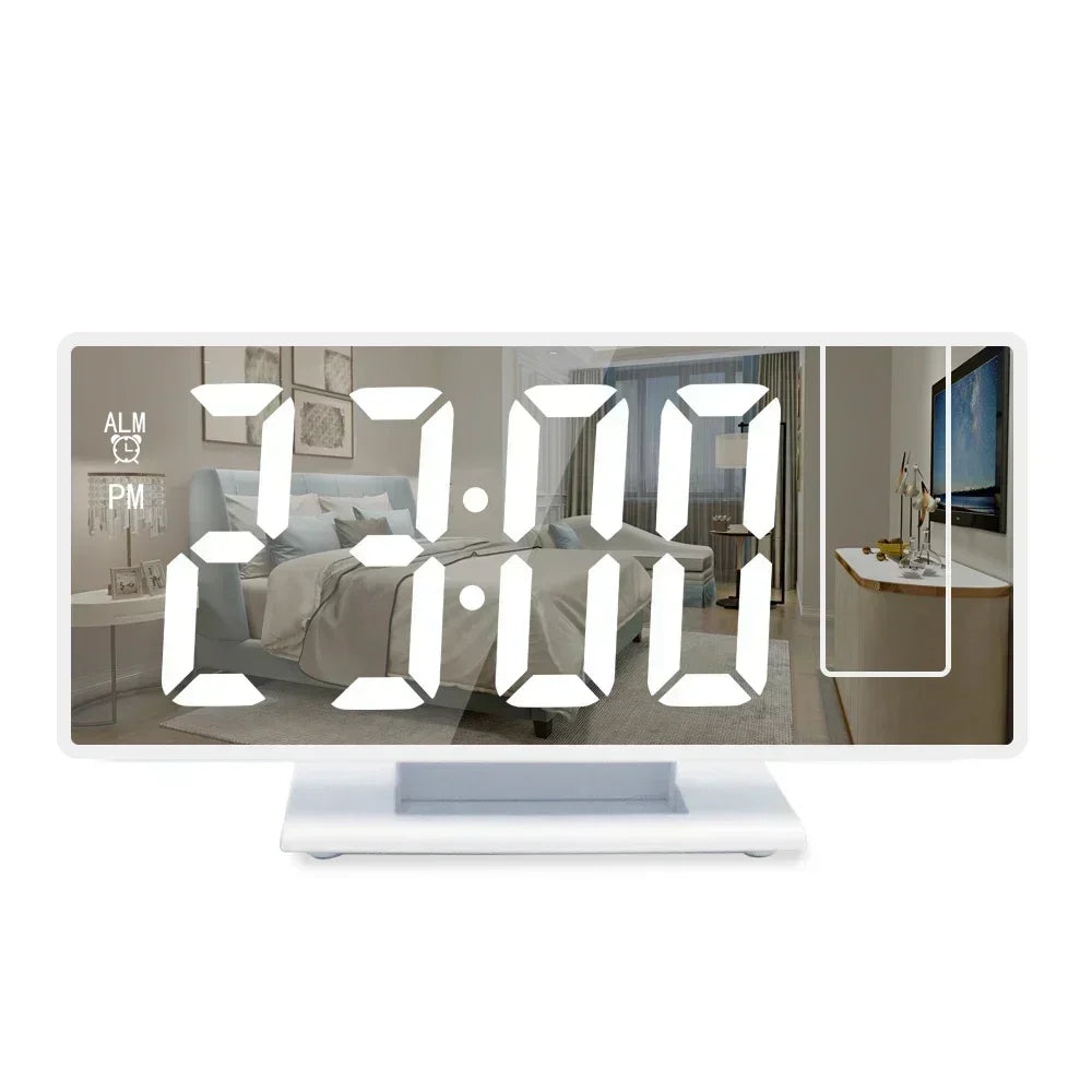 A digital projection alarm clock displaying 7:00 AM and a PM indicator on a white surface.