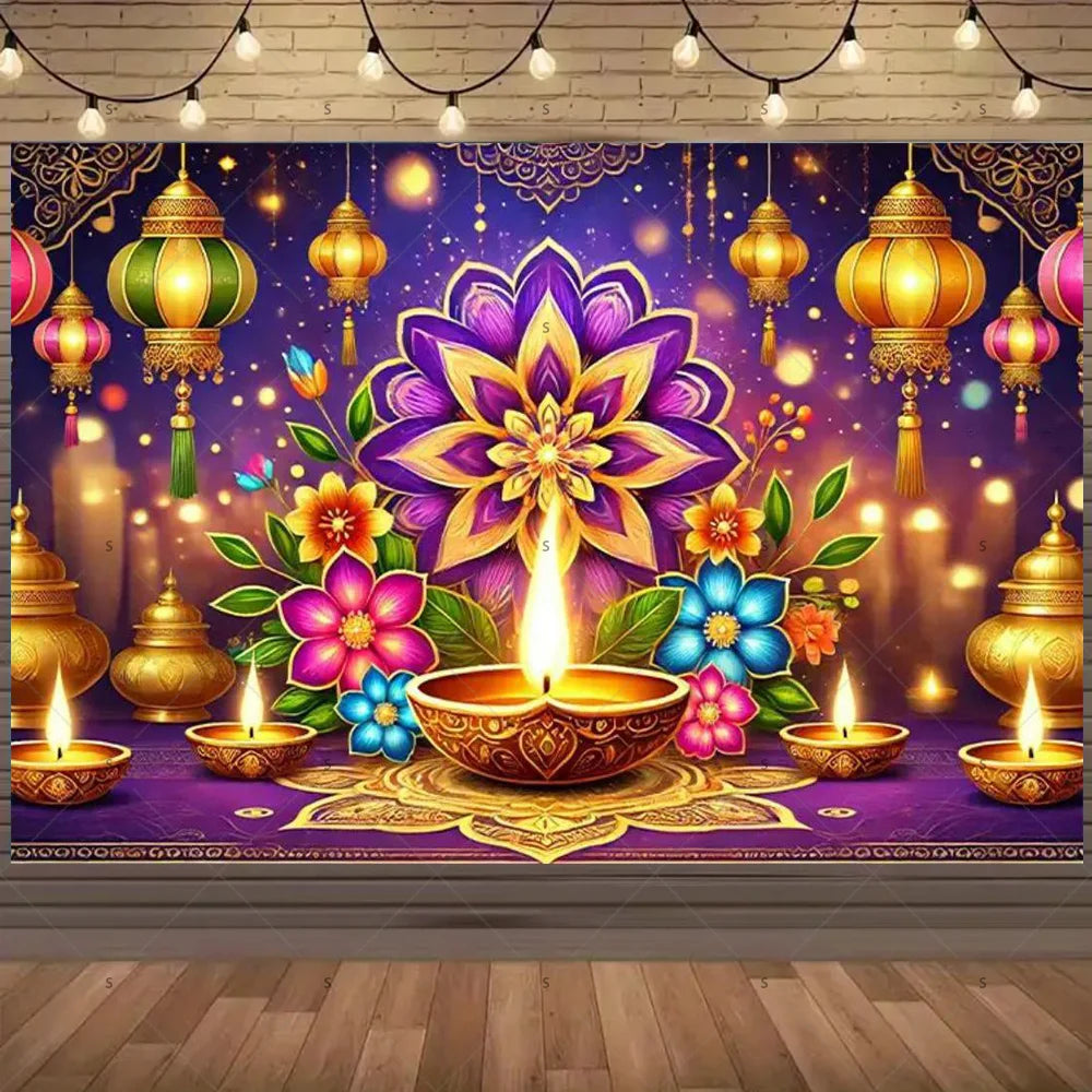 A vibrant Diwali backdrop featuring golden lanterns, colorful flowers, and glowing candles on a purple background.