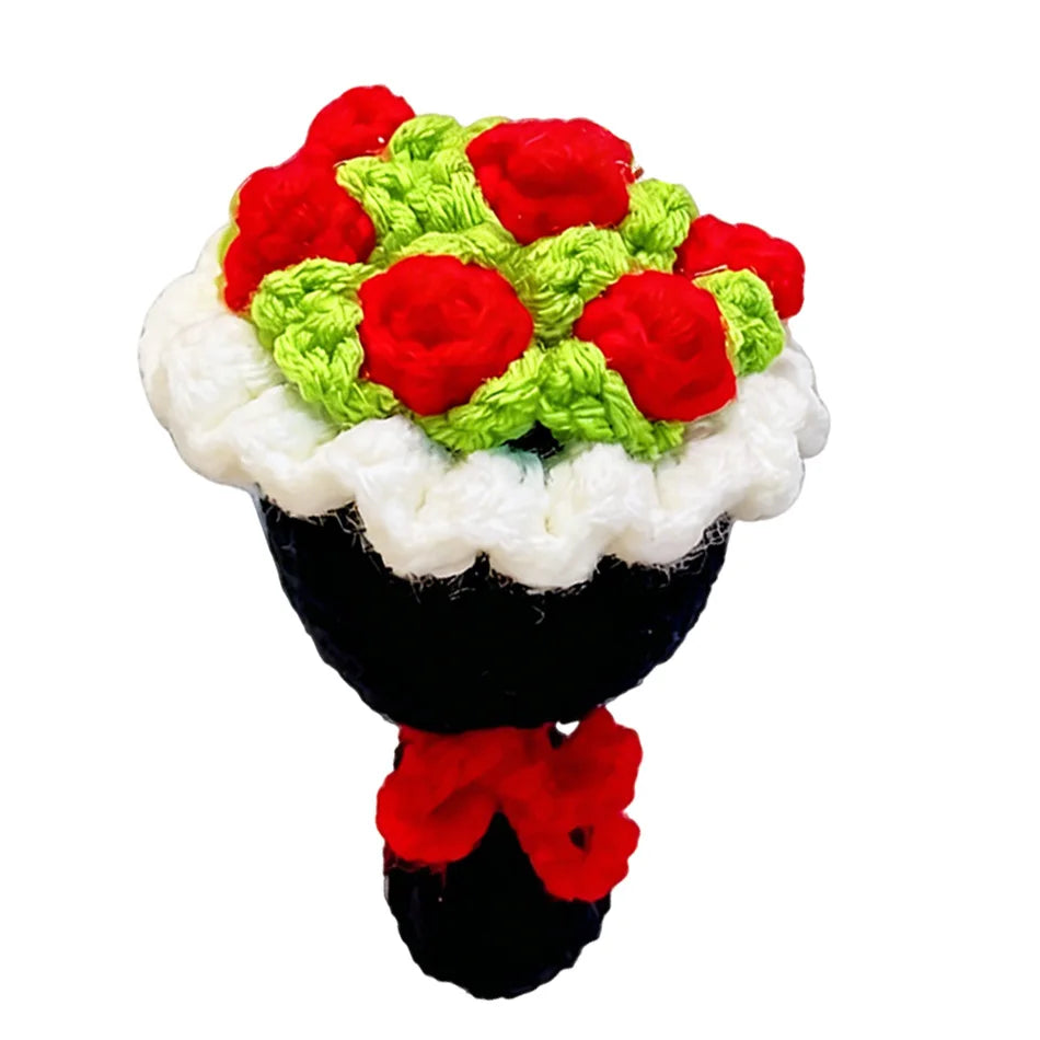 Handmade crochet flower bouquet keychain featuring red and green roses on a black base