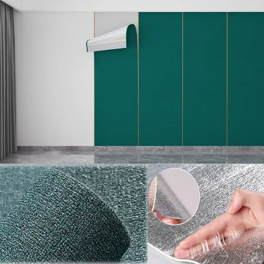 Gros plan d'une main touchant un autocollant mural vert texturé sur une surface.
