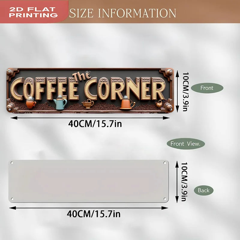Vintage-Metallwandtafel mit erhabener Schrift „The Coffee Corner“ und Silhouette einer Kaffeekanne.
