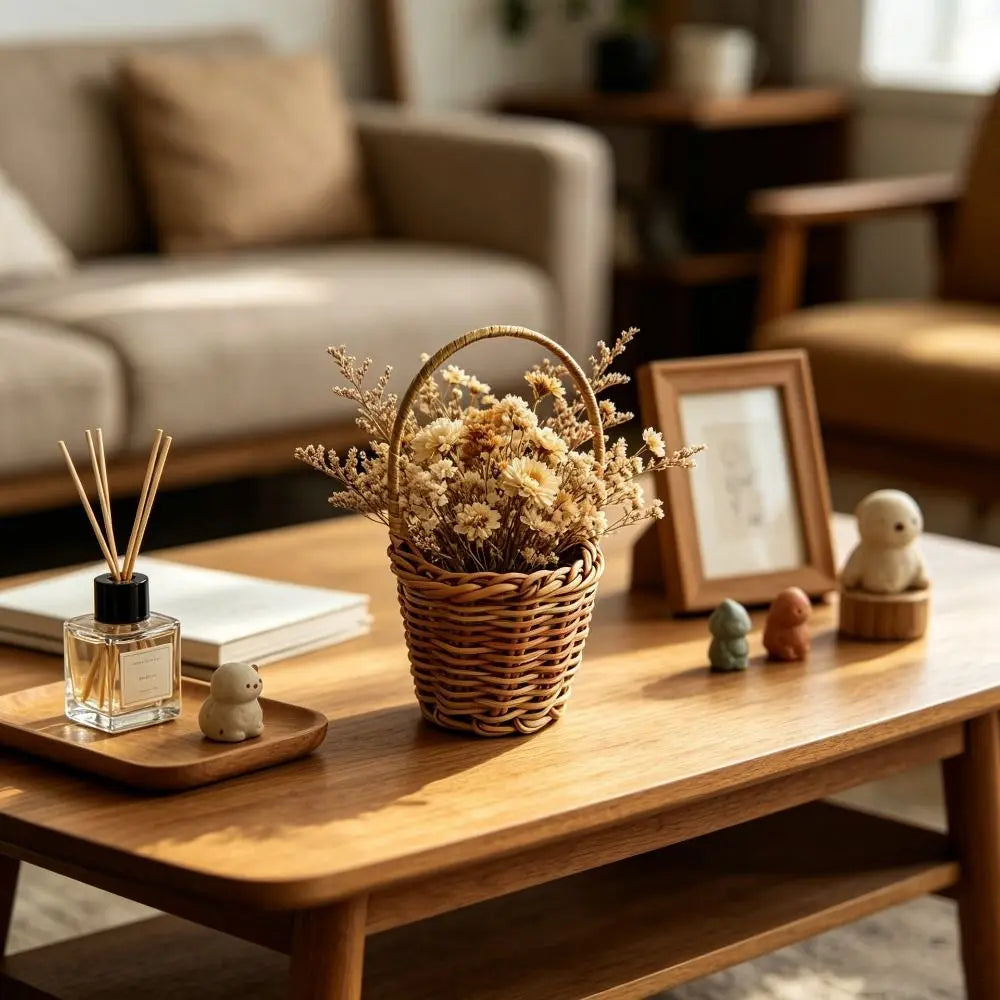 A woven rattan storage basket filled with dried flowers sits on a wooden table next to a glass bottle and a framed picture.