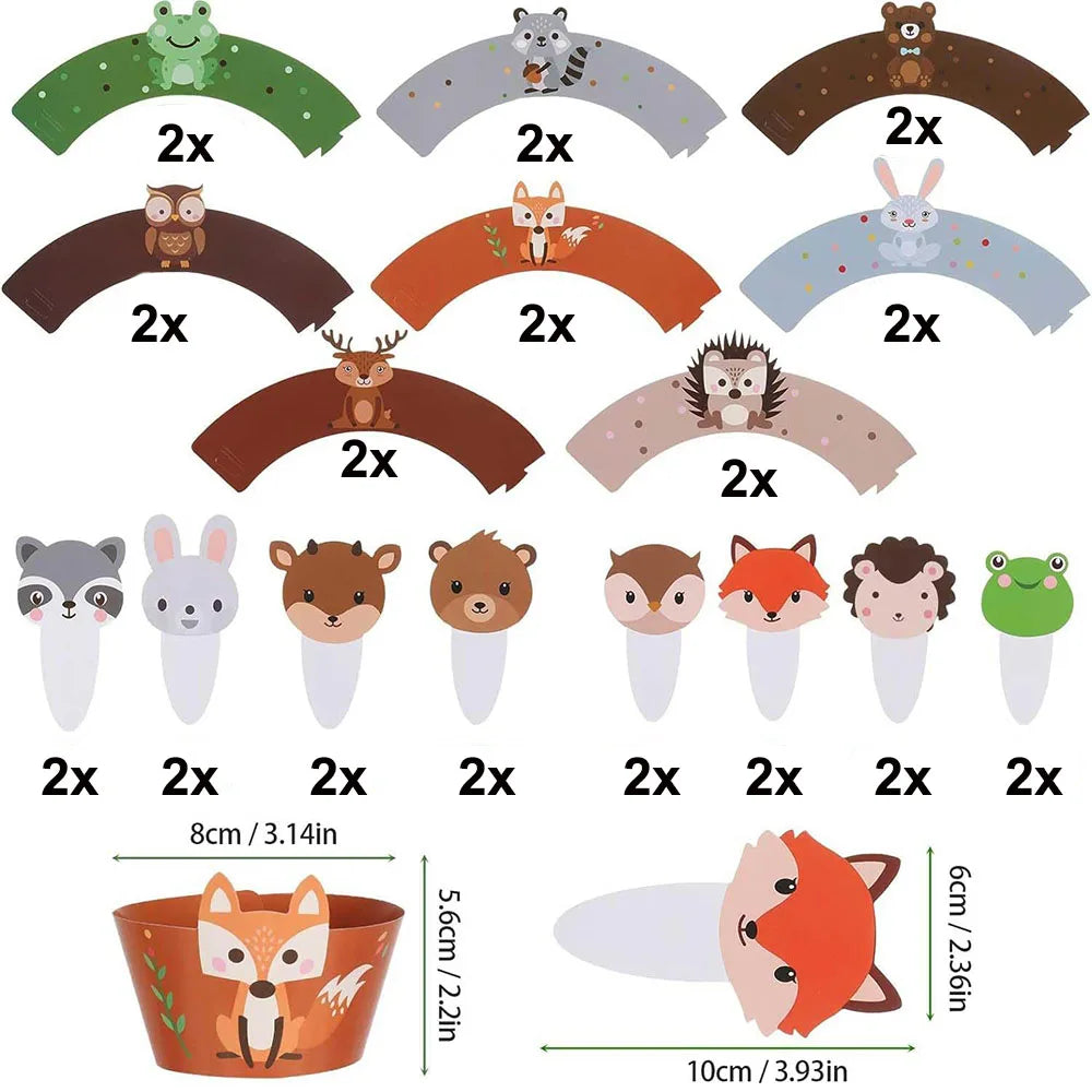 Set of jungle safari animal birthday decorations featuring various animals like a monkey, bear, and fox in orange and brown c