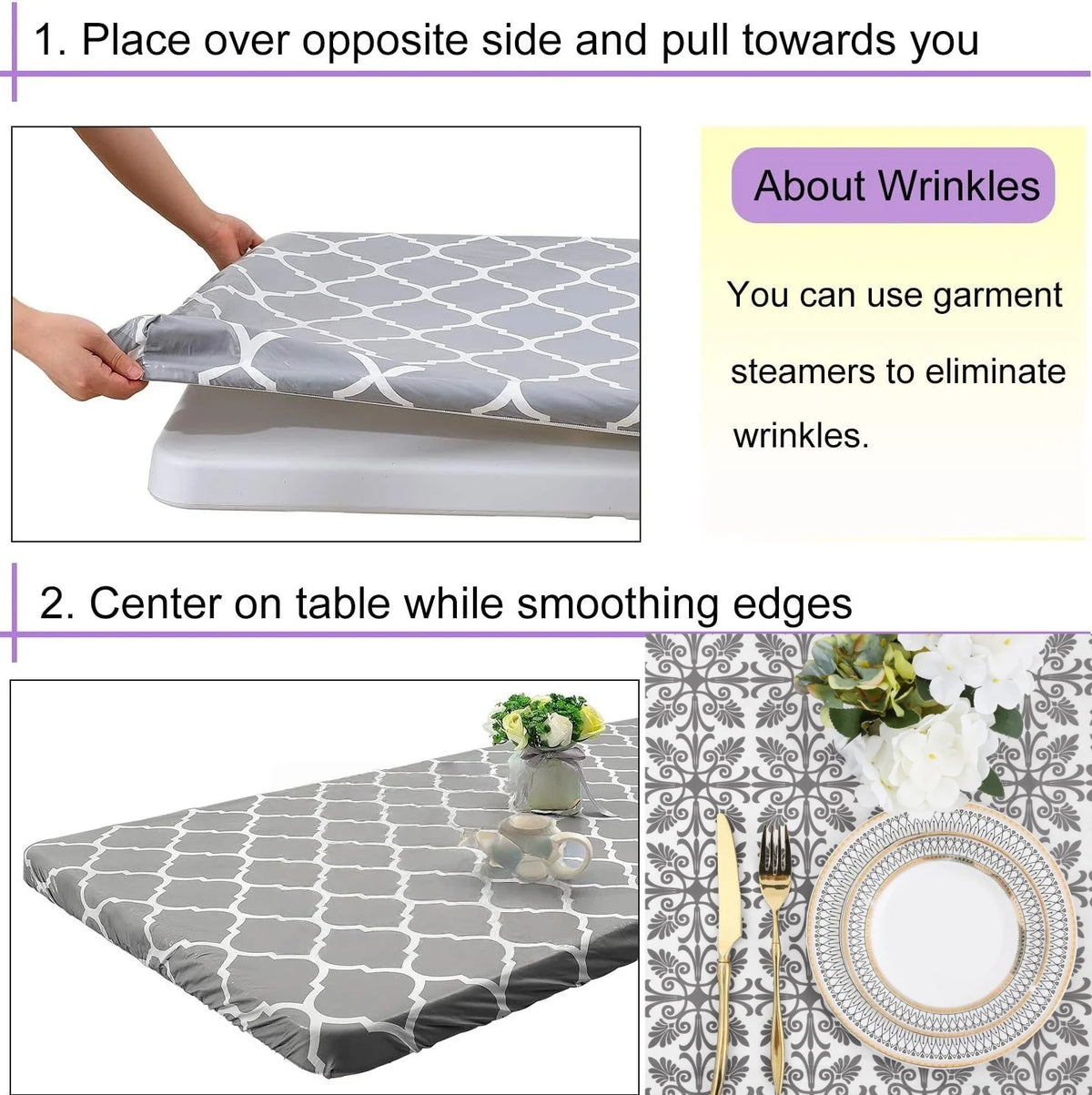 A gray elastic fitted rectangle tablecloth is shown being used on a table, with a close-up of the fabric pattern and a decora