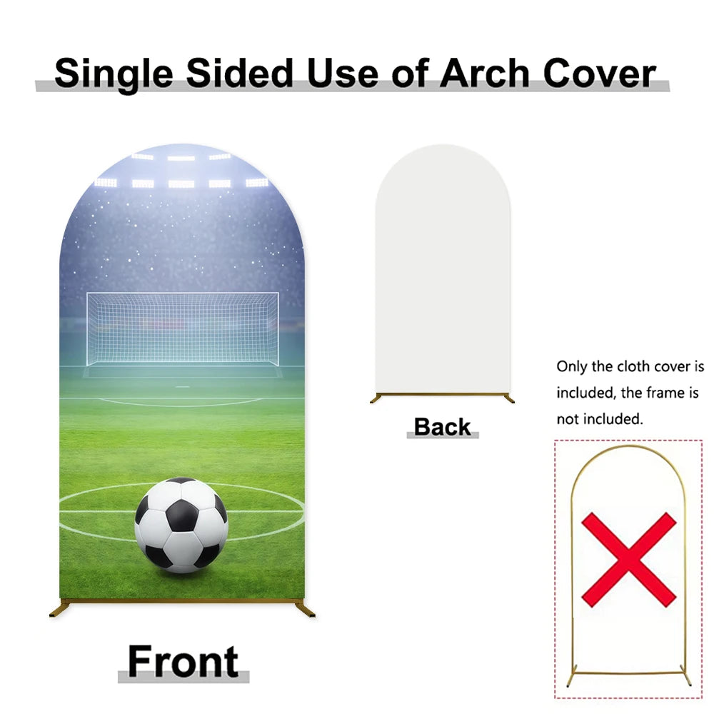 Single sided arch cover for a soccer field backdrop showing the front and back views.