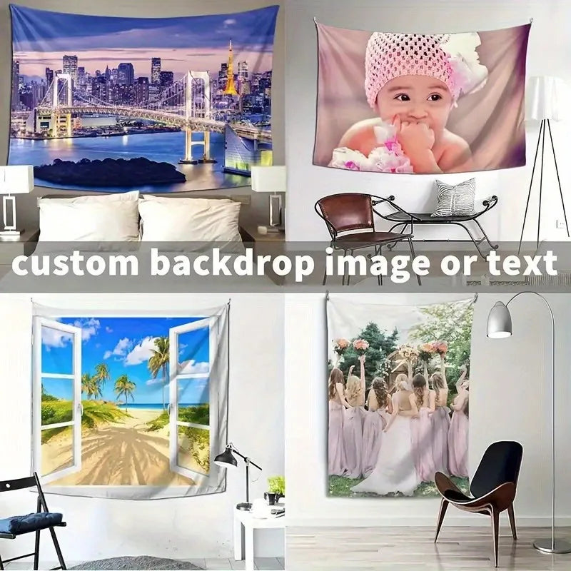 Three custom backdrops featuring cityscapes, a baby, and a wedding scene on fabric wall hangings