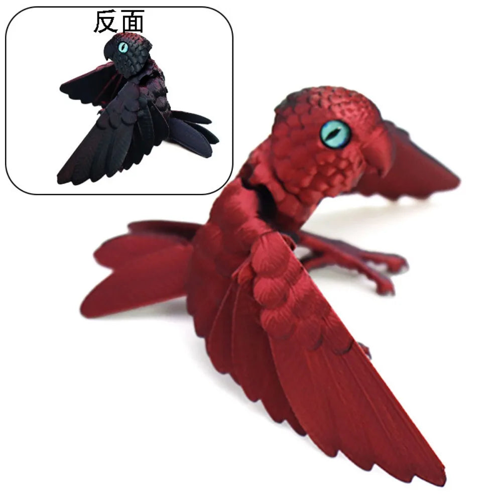 A detailed red parrot figurine with movable wings shown alongside its back view.