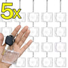 Five mini transparent CD keychains hanging from a chain, shown next to a hand.