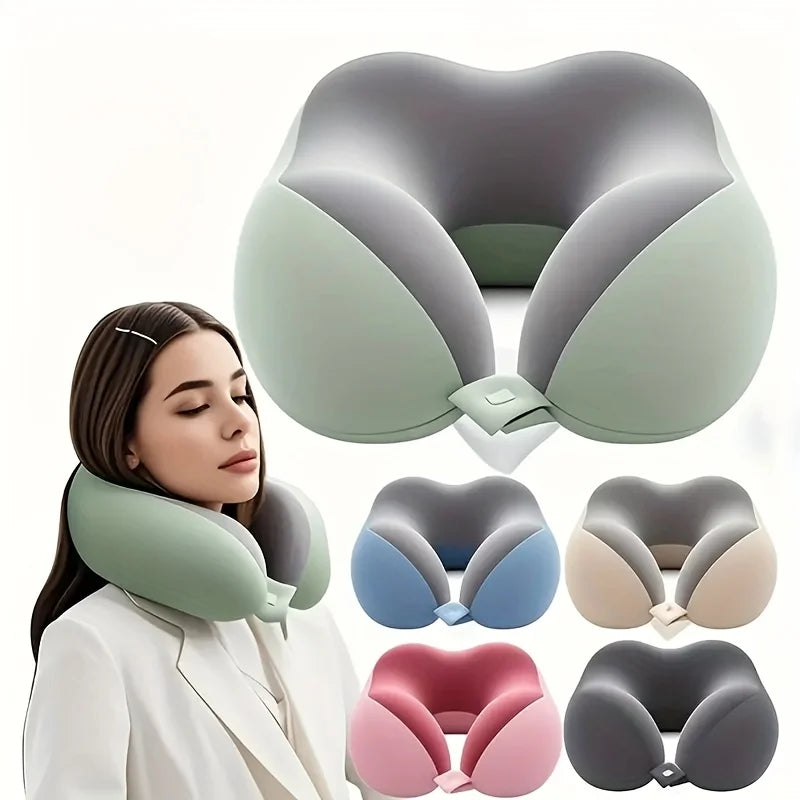 A collection of U-shaped memory foam neck pillows in various shades of green and beige shown with a woman.