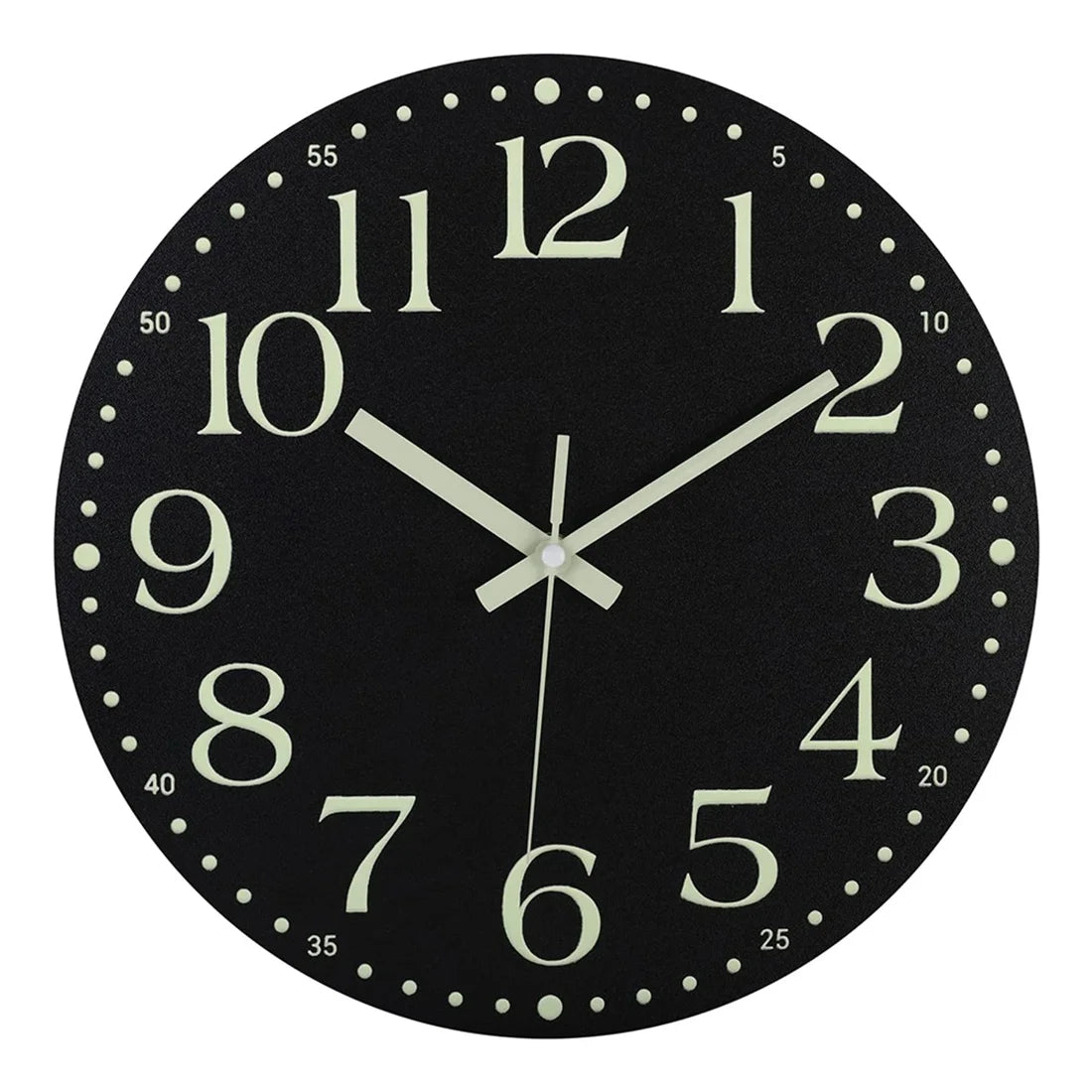A black wall clock face with white numbers and hands, featuring a glow-in-the-dark design.
