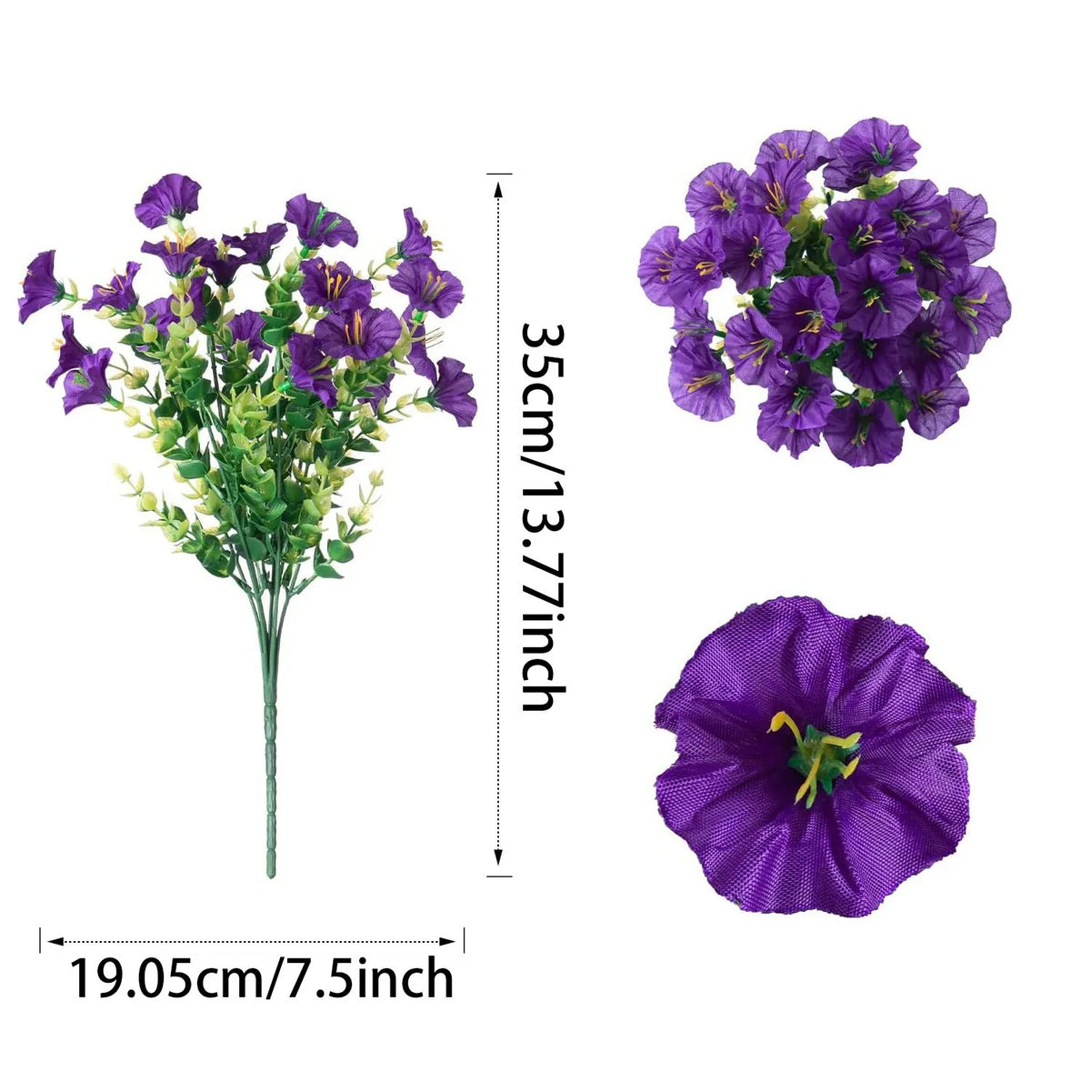 Artificial floral bouquet featuring purple flowers and green foliage.