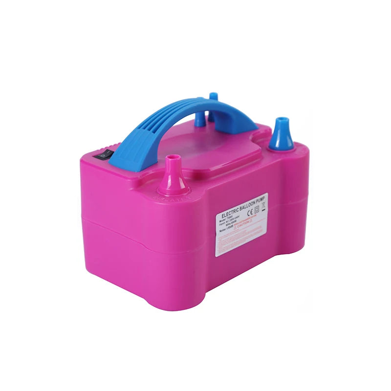 A pink electric balloon pump with a blue handle and nozzle.