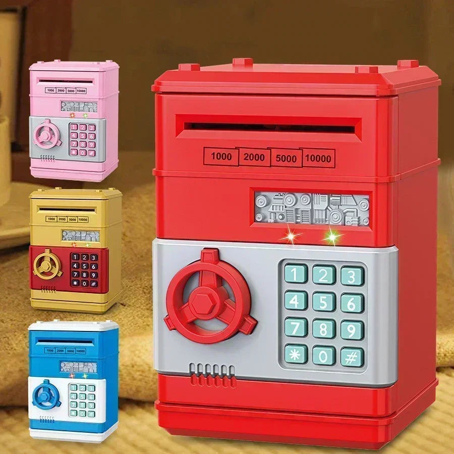 A set of three automatic mini cash saving piggy banks in pink, yellow, and red.