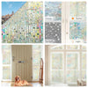 A collection of frosted window privacy film samples showing various light conditions and textures.