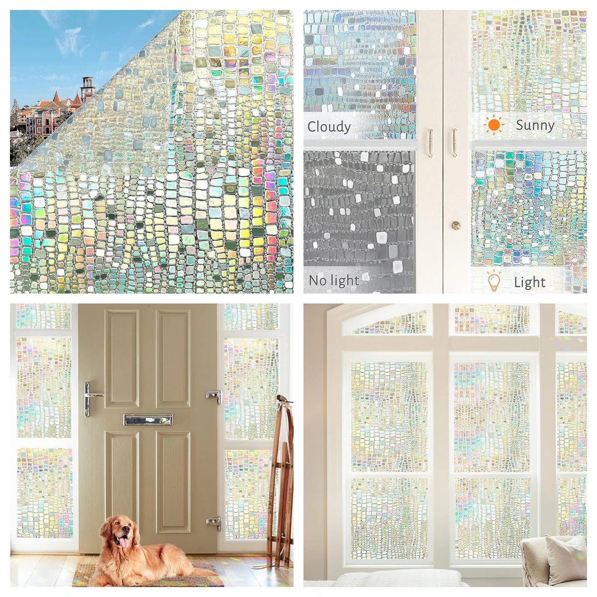 A collection of frosted window privacy film samples showing various light conditions and textures.