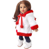 A Christmas doll outfit set featuring a white faux fur coat with red trim and a matching red bow.