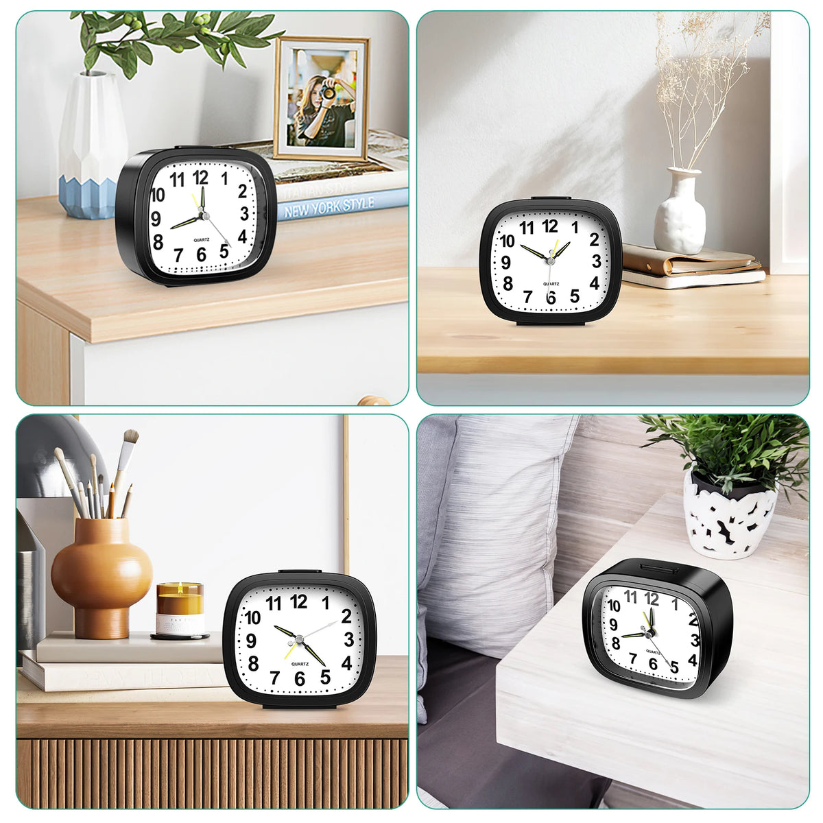 A black silent analog alarm clock with a luminous display is shown in various contexts on wooden surfaces.