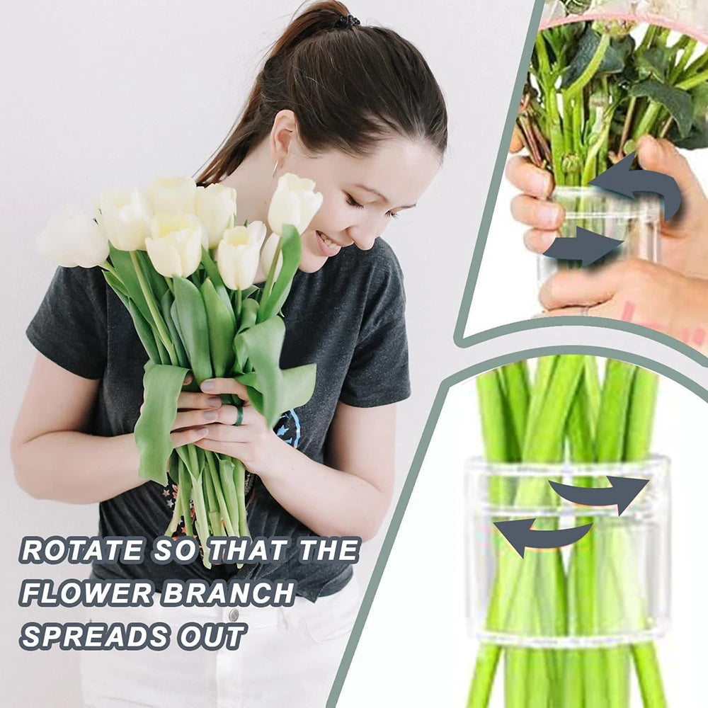 Hands demonstrate how to rotate a flower branch so it spreads out using a spiral stem holder.