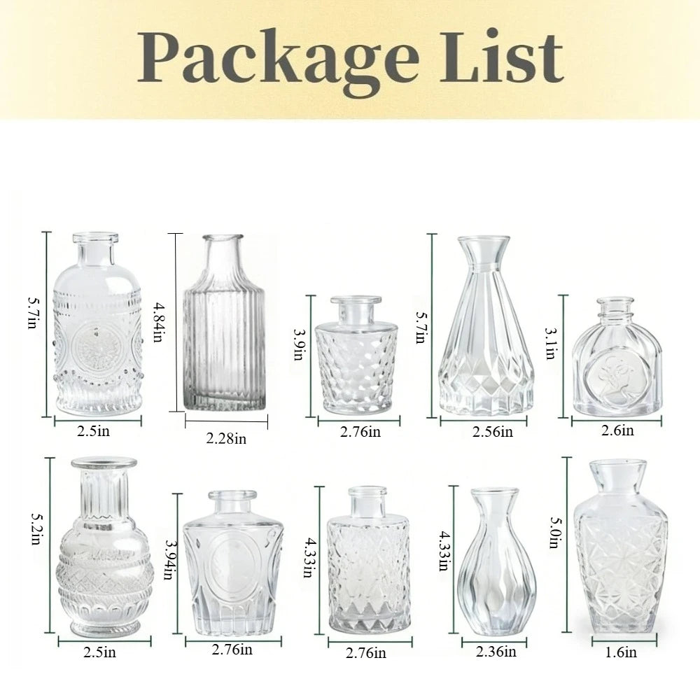 A collection of diamond faceted glass bud vases in various shapes and sizes.