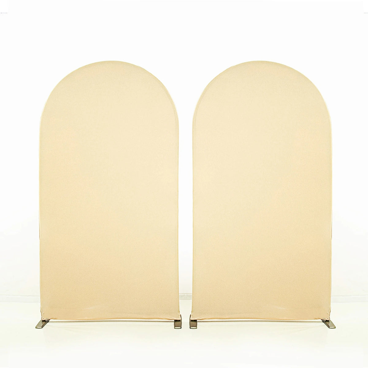 A seamless beige stretchable arch backdrop cover used for party and event decoration.