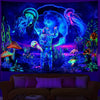 A vibrant tapestry featuring an alien astronaut against a deep blue and purple cosmic background with glowing plants and mush