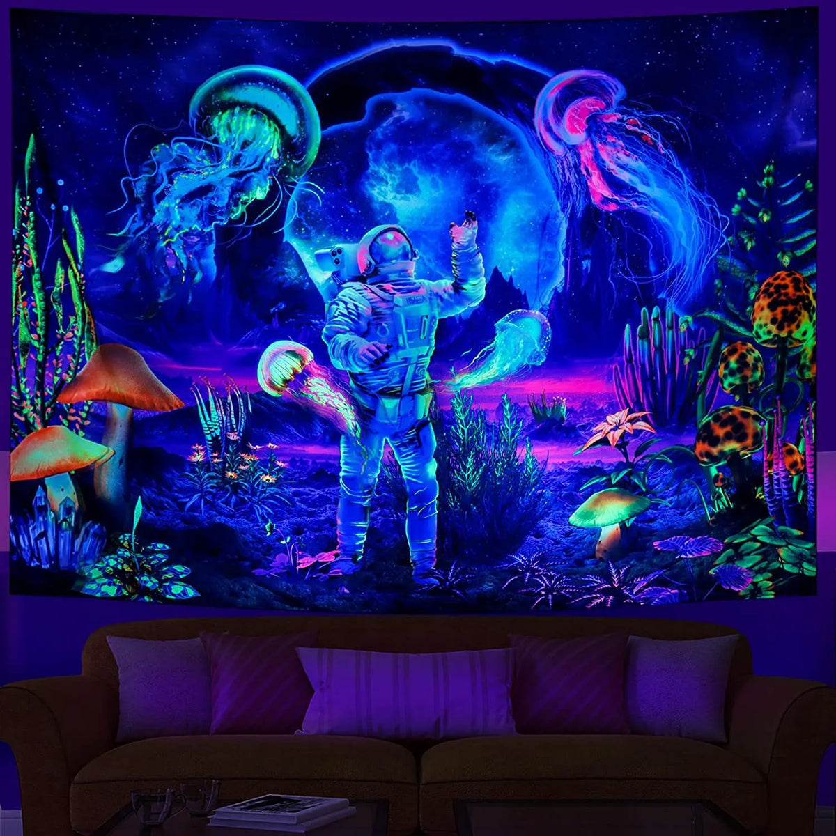 A vibrant tapestry featuring an alien astronaut against a deep blue and purple cosmic background with glowing plants and mush