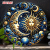 A vintage celestial sun and moon metal wall sign featuring a golden crescent moon and radiant sun against a deep blue starry 
