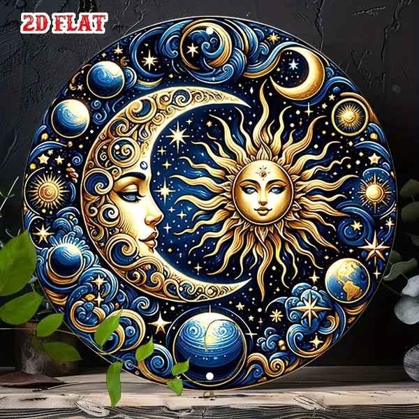 A vintage celestial sun and moon metal wall sign featuring a golden crescent moon and radiant sun against a deep blue starry 
