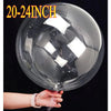 A hand holds a large clear bubble balloon, showing the size range 20-24 inches.