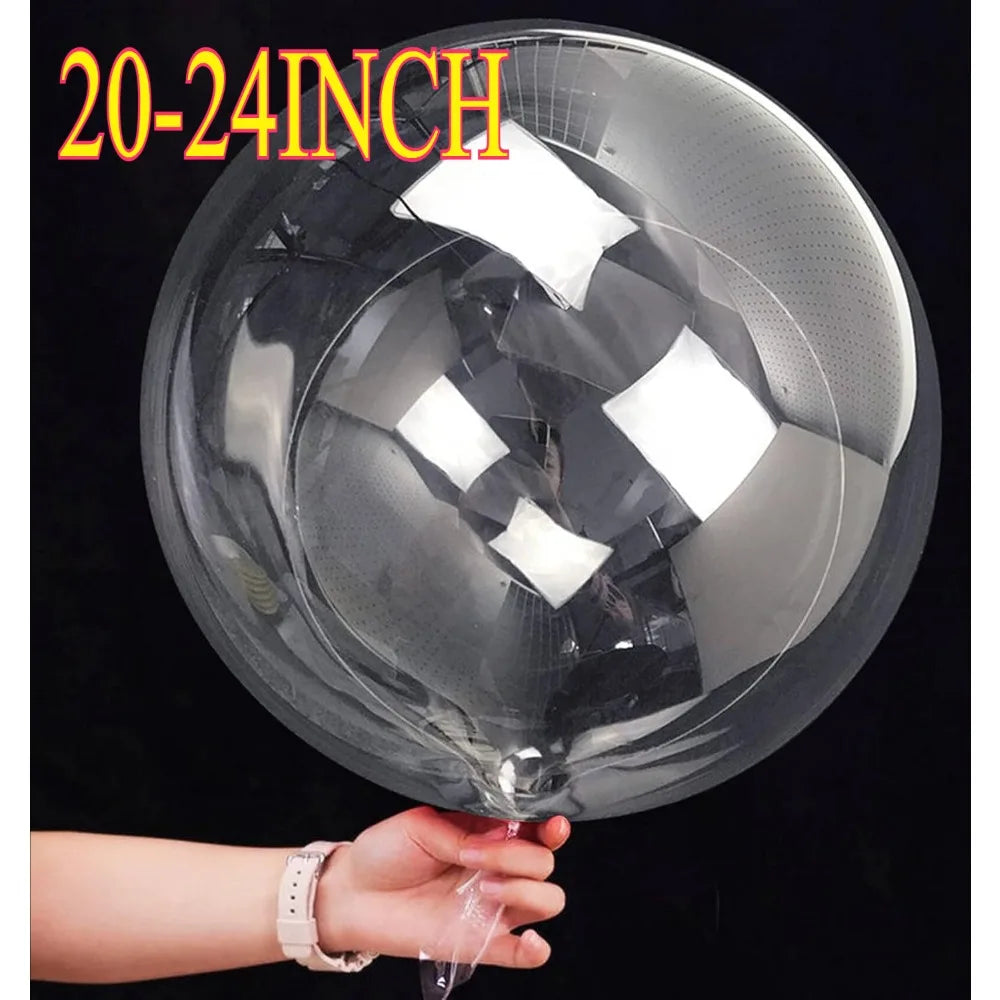A hand holds a large clear bubble balloon, showing the size range 20-24 inches.