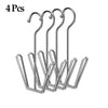 Four stainless steel double-hook hanging shoe organizers.