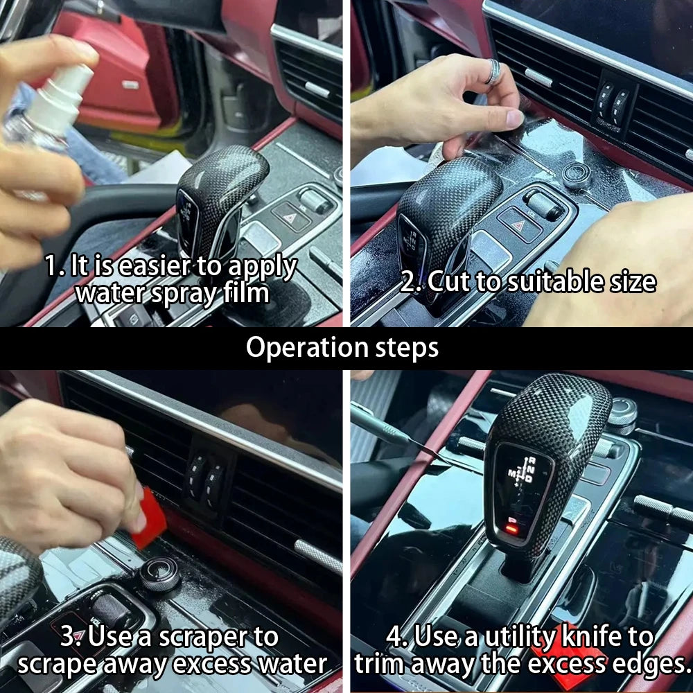 Operation steps showing how to apply and trim a transparent PVC furniture protector film