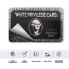 A black white privilege card with a portrait and various features listed below.
