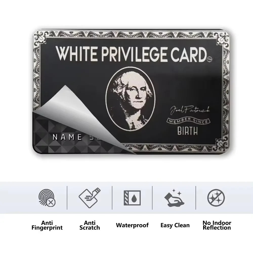 A black white privilege card with a portrait and various features listed below.