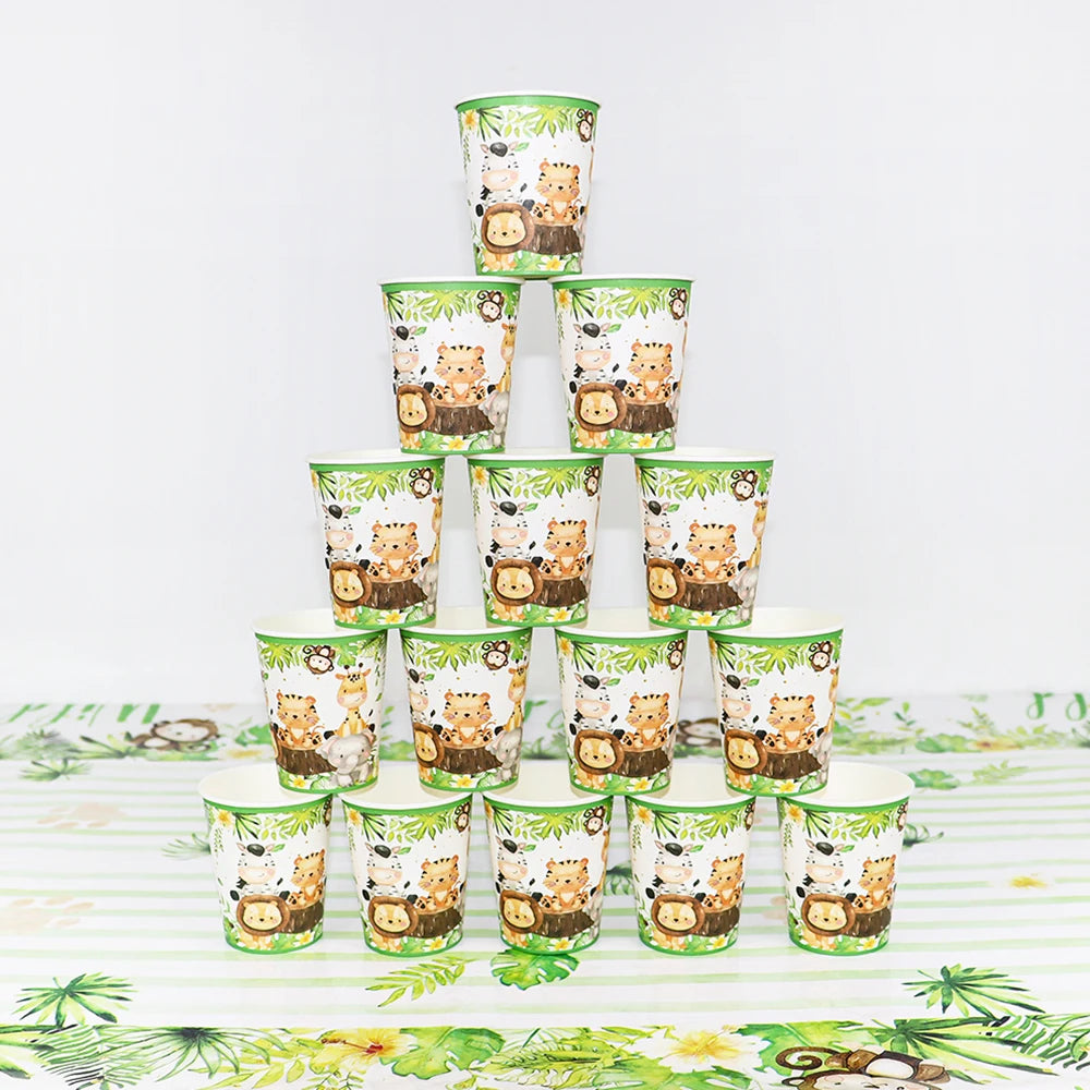 A set of green and brown patterned cups for a jungle safari birthday party table.
