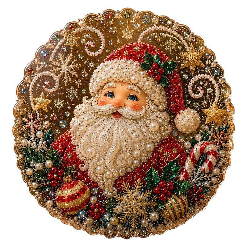 A festive diamond painting featuring Santa Claus with a white beard on a gold wreath background.
